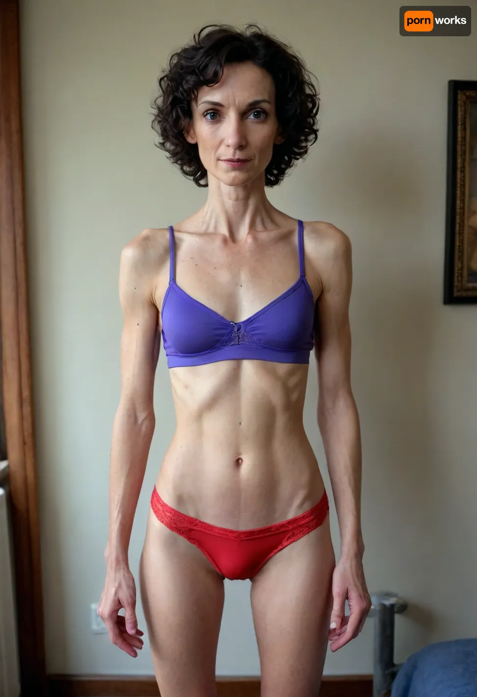 Hyper realistic, ((((skinny)))), sexy, (((slender))), (((fit))), (((naughty))), brunette short curly black hair, small breast, (((mature))), (((50 years old))), Shorts, violet bra, red and blue bruises across hips and on thighs, scratches