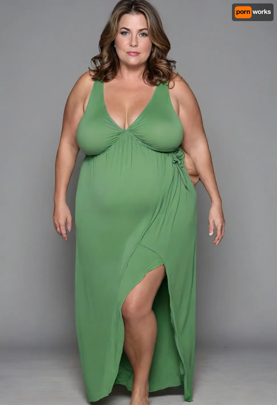 45° sideview, Full body shot, 50 year old woman, looking at viewer, eye contact, layered haircut, green eyes, green thin maxidress, obese, chubby, wide hips, curvy, small floppy breasts, sagging breasts, deflated breasts, tan lines, long hair, light brown hair with highlights, upturned nose, SaggySlimXL, bottomheavy, big, ass, huge, gigantic, thick, thighs, massive, <lora:updated_saggy_slim:1>, <lora:clothed_small:.5>, <lora:bottomheavy_v1_sdxl_tags:.8>