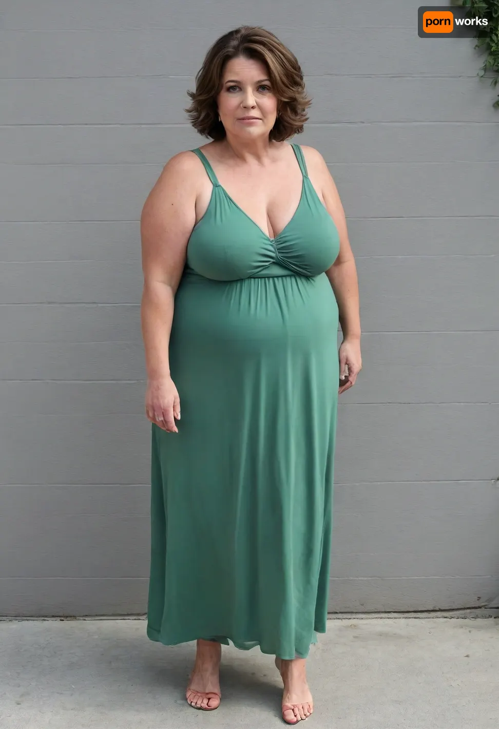 45° sideview, Full body shot, 50 year old woman, layered haircut, green eyes, green thin maxidress, obese, chubby, wide hips, curvy, small floppy breasts, sagging breasts, deflated breasts, tan lines, brown hair, upturned nose, SaggySlimXL, bottomheavy, big, ass, huge, gigantic, thick, thighs, massive, <lora:updated_saggy_slim:1>, <lora:clothed_small:.5>, <lora:bottomheavy_v1_sdxl_tags:.8>