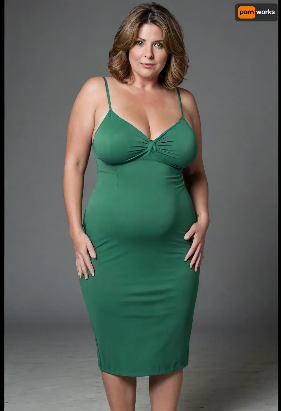 Full body shot, 50 year old woman, layered haircut, green eyes, tight thin v-neck spaghetti strap green dress, fupa, cameltoe, obese, chubby, big hips, wide hips, curvy, small floppy breasts, sagging breasts, deflated breasts, tan lines, light brown hair with highlights, upturned nose, SaggySlimXL, bottomheavy, big, ass, huge, gigantic, thick, thighs, massive, <lora:updated_saggy_slim:1>, <lora:clothed_small:.5>, <lora:bottomheavy_v1_sdxl_tags:.8>