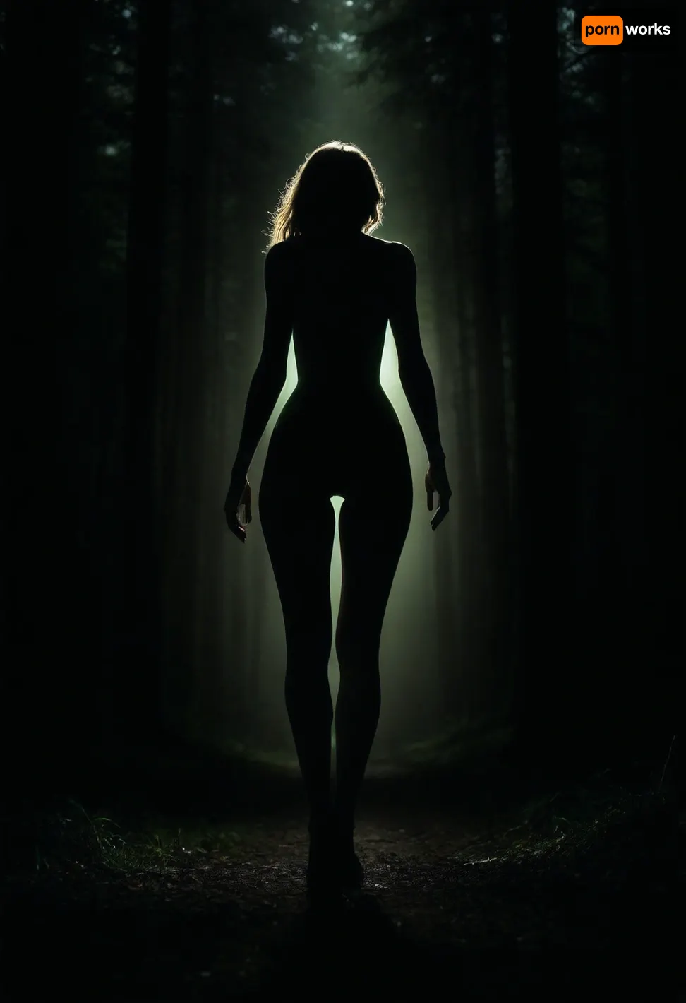 score_9_up, score_8_up, score_7_up, russian mature women, hourglass figure, thigh gap, realistic body proportions, perfect anatomy, good hands with perfect fingers, super detailed skin texture, long legs, in the dark forest, walking into the mysterious green bright light, green light in front of her, clear silhouette against green light, random pose, view from behind, view from below shoes, very dark focused flash photo of found footage, <lora:sdxl_darkflash_v6-000060:.8>, <lora:dark:.8>