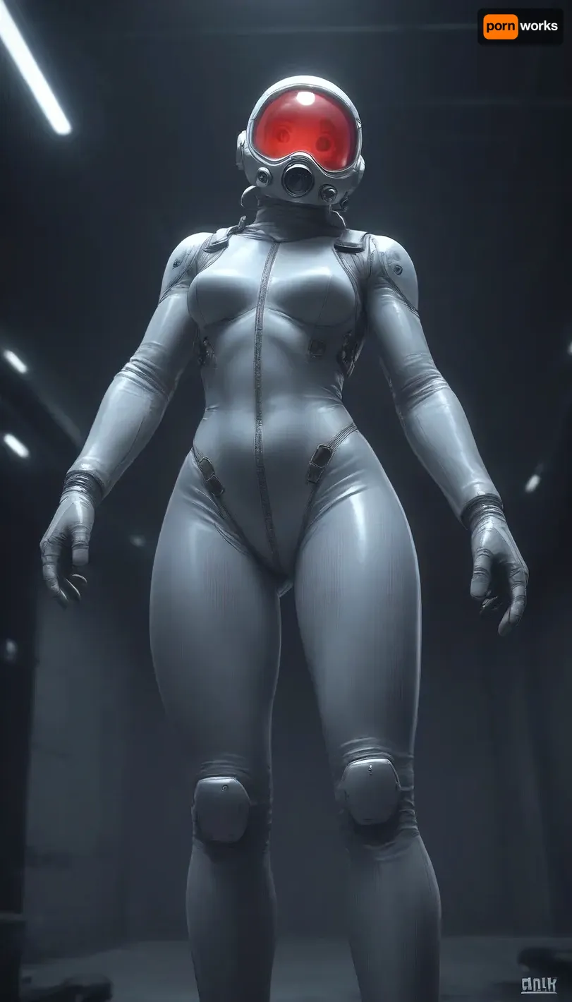 A female astronaut floating in zero gravity inside a high-tech, dimly lit space station corridor, viewed from behind at a diagonal low angle, her body gently rotating in the weightless environment, her slim figure outlined by the soft blue and red ambient lighting from various control panels and status screens, wearing a partially unzipped futuristic space suit made from glossy, form-fitting material with semi-rigid segments around her arms and legs, the upper part of her suit open and drifting slightly due to motion, revealing a tight inner undersuit clinging to her torso and hips, the undersuit designed with sleek thermal panels and iridescent textures, its cut accentuating the curves of her thighs, hips, and glutes, the material stretched taut across her rear as she floats with legs slightly bent and parted, one foot drifting near a wall while the rest of her body arches slightly as if caught mid-motion, her helmet detached and floating nearby, dark short hair fanning out around her head, small tools and data pads suspended around her, a holographic interface projected in front of her showing oxygen levels and external diagnostics, her posture naturally twisting as she reaches forward toward the interface, causing her spine and hip alignment to curve suggestively, subtle reflections from illuminated surfaces highlight her body’s shape through the thin, glossy material, realistic texturing on the suit with tiny wear marks and seams, interior design of the space station detailed with emergency markings, pipes, and blinking consoles, atmospheric particles and tiny debris drifting in the air, high-contrast cinematic lighting with cool-toned shadows and glowing edges, sci-fi art style resembling high-resolution promotional key art for a space exploration RPG or cinematic sci-fi film, extreme realism in rendering of material physics, body shape, environmental effects, the entire scene composed to subtly focus on the astronaut's lower body and back