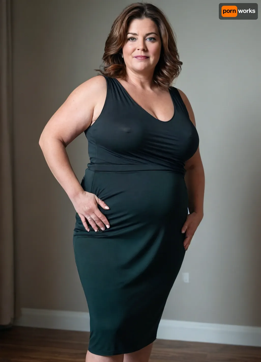 Full body shot, 50 year old woman, layered haircut, green eyes, black thin maxidress, obese, chubby, wide hips, curvy, small floppy breasts, sagging breasts, deflated breasts, tan lines, brown hair, upturned nose, SaggySlimXL, bottomheavy, big, ass, huge, gigantic, thick, thighs, massive, <lora:updated_saggy_slim:1>, <lora:clothed_small:.5>, <lora:bottomheavy_v1_sdxl_tags:.8>
