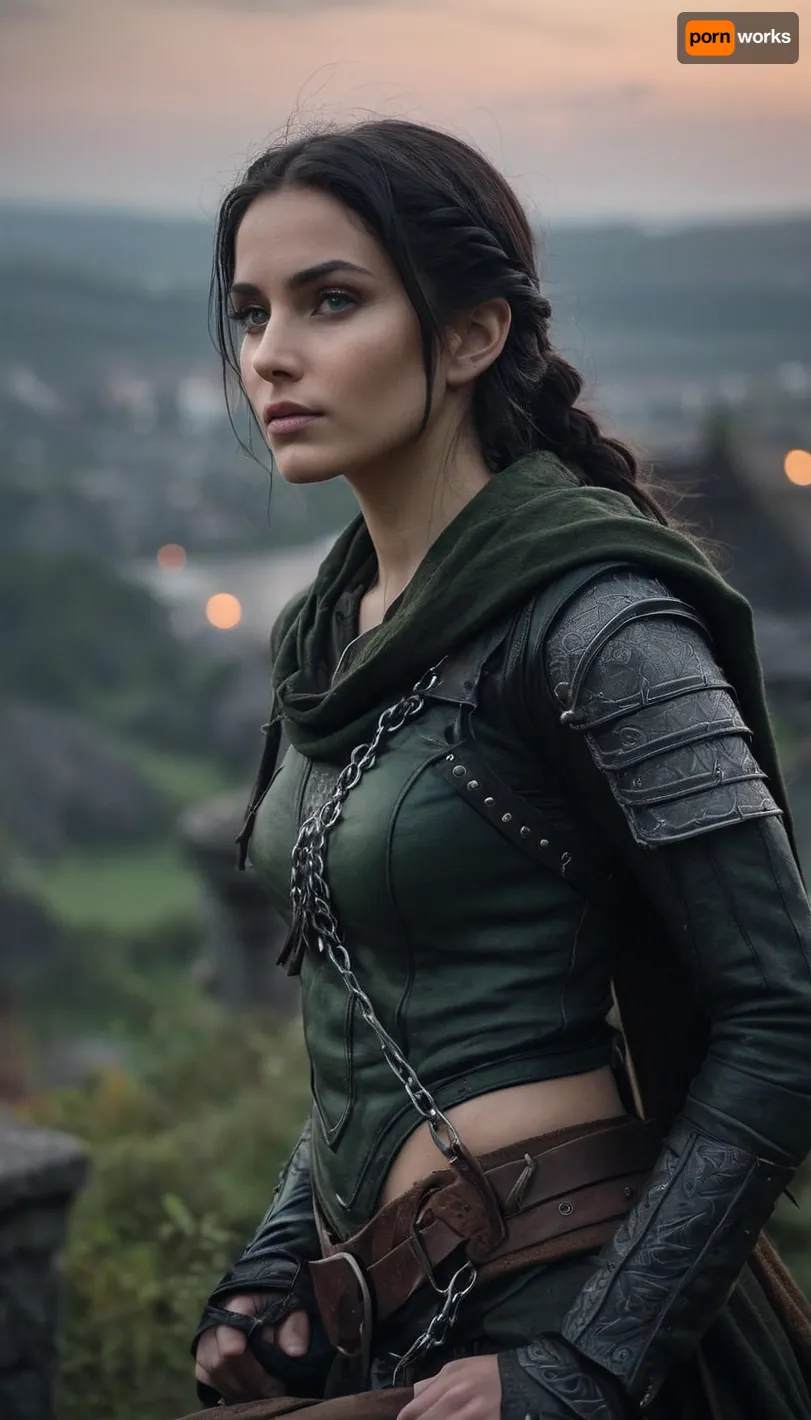 Sneaky female elf rogue, slender and agile, pale moonlit skin, long raven-black hair tied in a loose braid, piercing green eyes scanning the shadows, clad in dark leather armor reinforced with quiet chain, a hood partially concealing her face, twin daggers glinting faintly, crouched atop a moss-covered rooftop in an ancient elven city, faint mist curling around her boots, a faint smirk hinting at danger, cinematic low light, ultra-realistic fantasy art