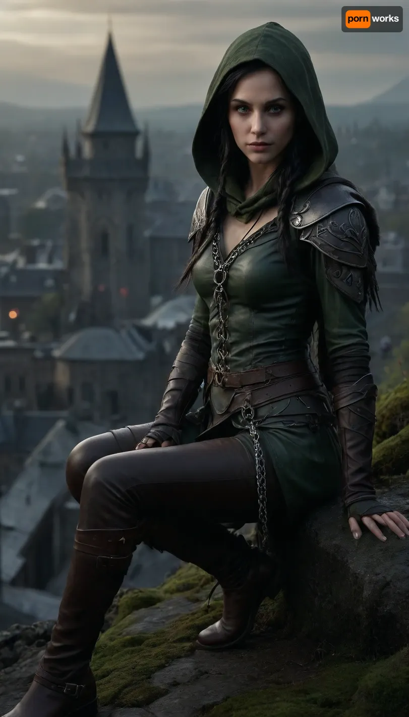 Sneaky female elf rogue, slender and agile, pale moonlit skin, long raven-black hair tied in a loose braid, piercing green eyes scanning the shadows, clad in dark leather armor reinforced with quiet chain, a hood partially concealing her face, twin daggers glinting faintly, crouched atop a moss-covered rooftop in an ancient elven city, faint mist curling around her boots, a faint smirk hinting at danger, cinematic low light, ultra-realistic fantasy art