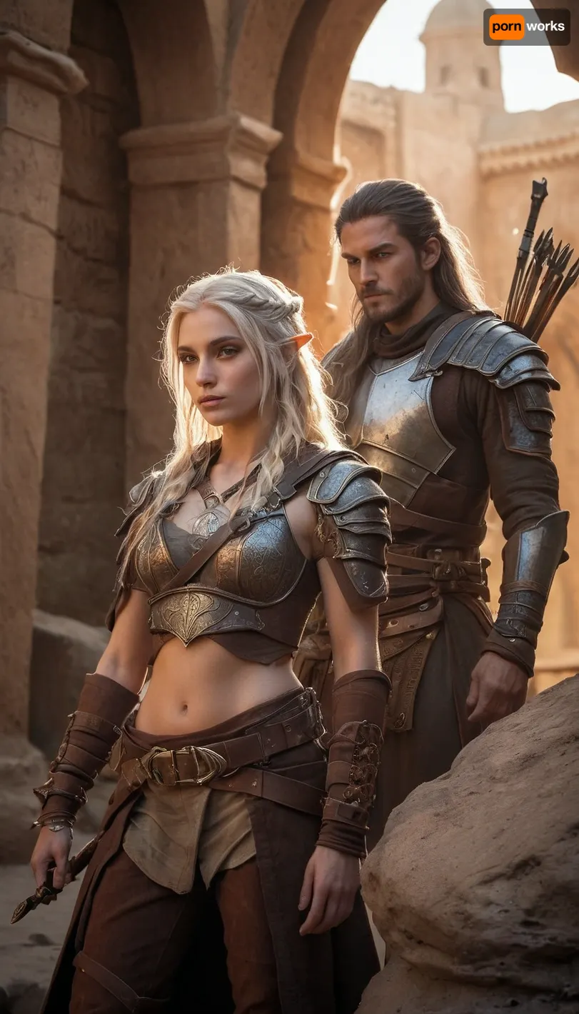 tall and lean male high elf rogue-fighter with sun-bleached hair and piercing ice-blue eyes, and a cunning female elf rogue with sun-kissed skin, copper-streaked dark hair, and sharp amber eyes, both clad in lightweight leather armor in muted desert tones. They move in perfect unspoken coordination through the shadows of a sandstone alley, Elandros with a finely crafted longbow and black-fletched arrows, the rogue with a curved Kathiri dagger in hand. Dust swirls in the hot evening wind as golden light spills across the domes and minarets of the bustling market district behind them, the air thick with spice and tension, ultra-realistic cinematic fantasy art