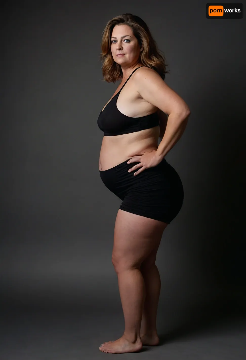 45° sideview, Full body shot, 50 year old woman, looking at viewer, eye contact, layered haircut, green eyes, black thin dress, obese, chubby, wide hips, curvy, small floppy breasts, sagging breasts, deflated breasts, tan lines, long hair, light brown hair with highlights, upturned nose, bottomheavy, big, ass, huge, gigantic, thick, thighs, massive, braless, Wearing, clothes, that, make, sense, with, Braless>, <lora:clothed_small:.5>, <lora:bottomheavy_v1_sdxl_tags:.8>, <lora:bralessSDXL_v1_00022:.8>