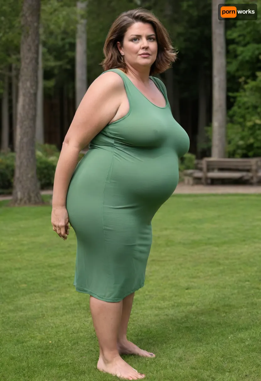 45° sideview, Full body shot, 50 year old woman, looking at viewer, eye contact, layered haircut, green eyes, green thin maxidress, obese, chubby, wide hips, curvy, small floppy breasts, sagging breasts, deflated breasts, tan lines, brown hair, upturned nose, SaggySlimXL, bottomheavy, big, ass, huge, gigantic, thick, thighs, massive, <lora:updated_saggy_slim:1>, <lora:clothed_small:.5>, <lora:bottomheavy_v1_sdxl_tags:.8>