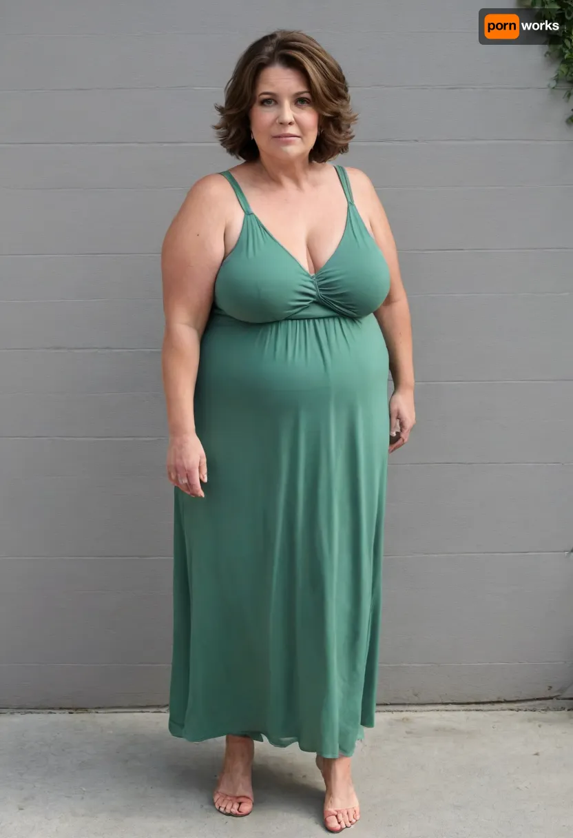 45° sideview, Full body shot, 50 year old woman, layered haircut, green eyes, green thin maxidress, obese, chubby, wide hips, curvy, small floppy breasts, sagging breasts, deflated breasts, tan lines, brown hair, upturned nose, SaggySlimXL, bottomheavy, big, ass, huge, gigantic, thick, thighs, massive, <lora:updated_saggy_slim:1>, <lora:clothed_small:.5>, <lora:bottomheavy_v1_sdxl_tags:.8>