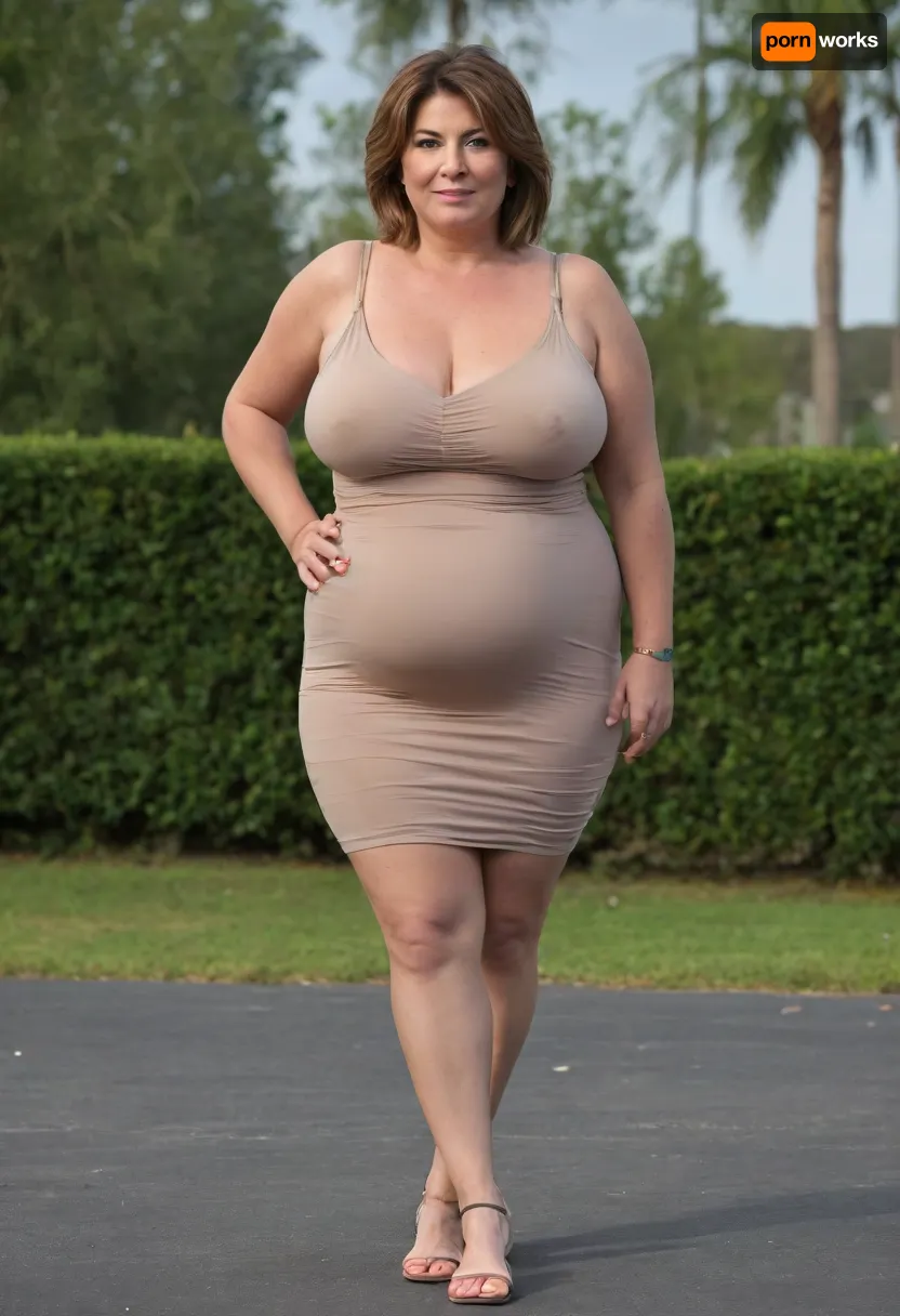Full body shot, 50 year old woman, layered haircut, green eyes, tight thin v-neck spaghetti strap dress, fupa, cameltoe, obese, chubby, big hips, wide hips, curvy, small floppy breasts, sagging breasts, deflated breasts, tan lines, brown hair, upturned nose, SaggySlimXL, bottomheavy, big, ass, huge, gigantic, thick, thighs, massive, <lora:updated_saggy_slim:1>, <lora:clothed_small:.5>, <lora:bottomheavy_v1_sdxl_tags:.8>
