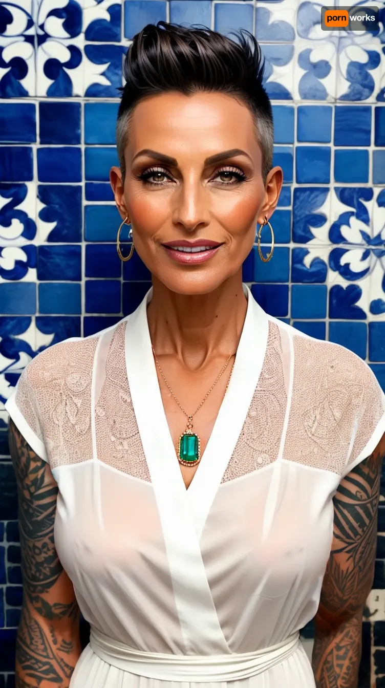 woman 48 years old, full frontal view, in front of blue and white azulejos tiles, face like brigitte hielsen, small retrousse tits, wide angle picture, cinematic, best quality, 8k, ashblonde hair, hair grease, greased back hair, wild pixie mohawk cut hair, warm smile, dark tanned skin, vamp, very fit body, very skinny, puristic sheer white linen summer kurta, short-cut hair, pixie-cut, buzz-cut, <lora:microwaistV05:.7>, <lora:age_slider_v20:1.9>, (ornamentalika tatoos, very broad and big expansive, jet-black tattoos in the blackwork-style of artist Mihail Boykov), DarTataBodG, <lora:DarTataBodG-XL_V2:1.7>, <lora:hair_length_slider_v1:.8>