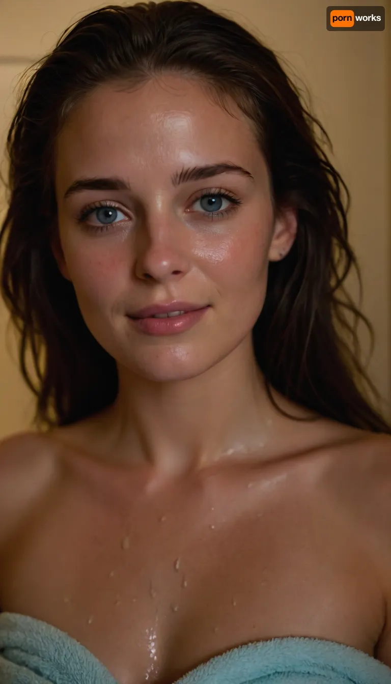 Medium-quality phone photo, Snapchat style, front-facing upper body shot of a 25-year-old woman in a small steamy bathroom just after a hot shower. Her wet hair clings to her neck and chest, droplets sliding down her smooth, flushed skin. The towel is loosely wrapped around her torso, slipping low enough to reveal the upper curve of her bare breasts and a teasing glimpse of her nipples. She tilts her head to one side with a shy, slightly embarrassed smile, bright light-blue eyes looking toward the camera. Steam softens the background, warm lighting catches the sheen of her damp skin, and the mood feels intimate, candid, and unposed.