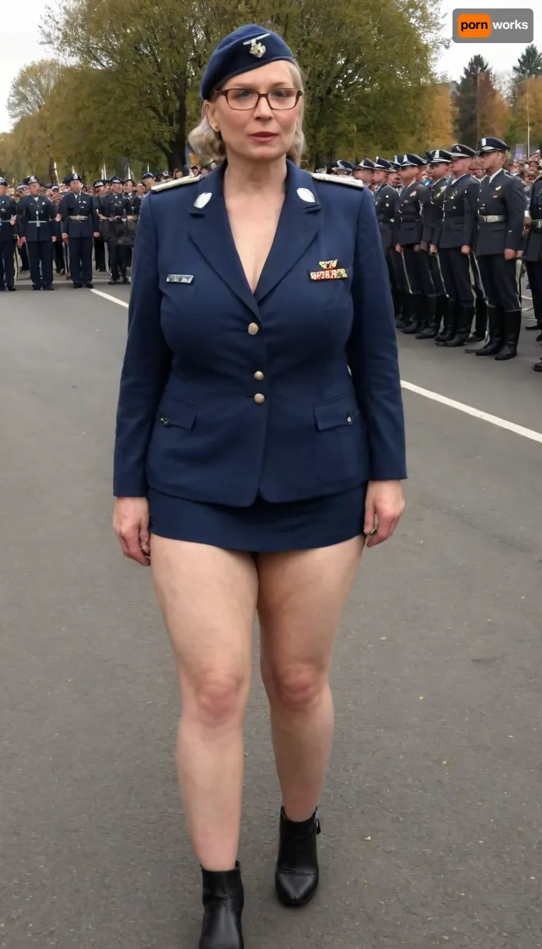 no skirt, no panties on a CURVY 51-year-old European woman, grandma with hidden shaggy tits and shaggy belly under buttoned DARK BLUE Military parade suit. Shaved pussy is visible. Light grey blond hair, ((wrinkles:1.5)), . Dark lipstick on thin lips, BLACK makeup, glasses. Slut face. She is dressed only with, ((buttoned DARK BLUE Military parade suit:1.5)), buttoned up on the tits, officer's peaked cap., ((NO skirt:1.5)), NO PANTIES. long boots, belt, ((shaved pussy visible:1.5)), full figure visible, outdoor, prisoners of war, realistic image, ultra HD, 8k, ((daylight)), HD, true colors, detailed portrait. No blur, ultra HD photorealistic full height 8k, megachubsdxl, morbidly, obese, <lora:megachubsdxl_13:.8>, sagging, breasts, <lora:sagging-000015:.8>, <lora:milkers_v2:.8>, <lora:uniform:.8>