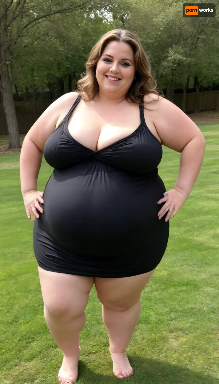 45° side view, Full body shot, Sunny summer day, bright sunny day, (obese:1.3), The fat ssbbw mature milf 60 is dancing on the lawn, backyard lawn, stark naked body, chubby milf, braless, hard nipples, tight, black transparent sleeveless black maxidress, medium very saggy tits, plump waist, plump pubis, light brunette hair with highlights, bobcut hair, big eyes, happy smile, nip slip, (high quality:2)