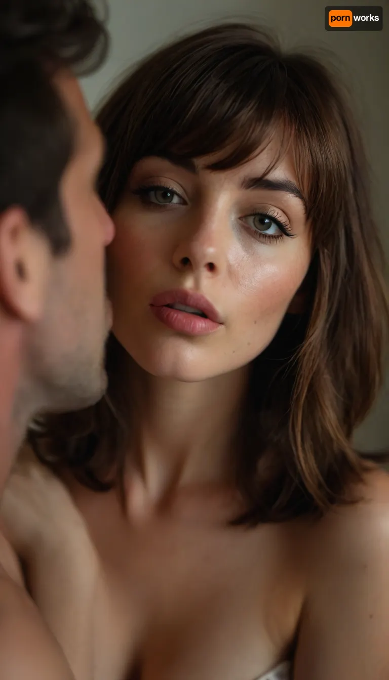 ziprealism, (erotic intimate esthetic, anticipation, longing:1.2), (sensual French woman, bliss, lips parted, moment before the kiss, intense passion, seductive foreplay, hot breath:1.4), (f/2.8, shallow depth of field, layered composition with subtle foreground, o, (ver the shoulder shot), , :1.6), (tight face closeup, eyes closeup, shot in profile, eyes focus:1.2), (subtle bokeh:.4), (rich brunette hair with coppery undertones, thick voluminous hair, cute french bob-cut hair, wispy bangs with fringe, loose hair obscuring face:1.4), ((large expressive eyes), slightly downturned eyes), (soft facial features, full lips, soft pillowed lips, long delicate eyelashes, soft blush, flushed skin, subtle freckles, natural skin texture), (large teardrop breasts, soft breasts), (romantic bedroom:1.8), <lora:style_lora_realis:1.6>