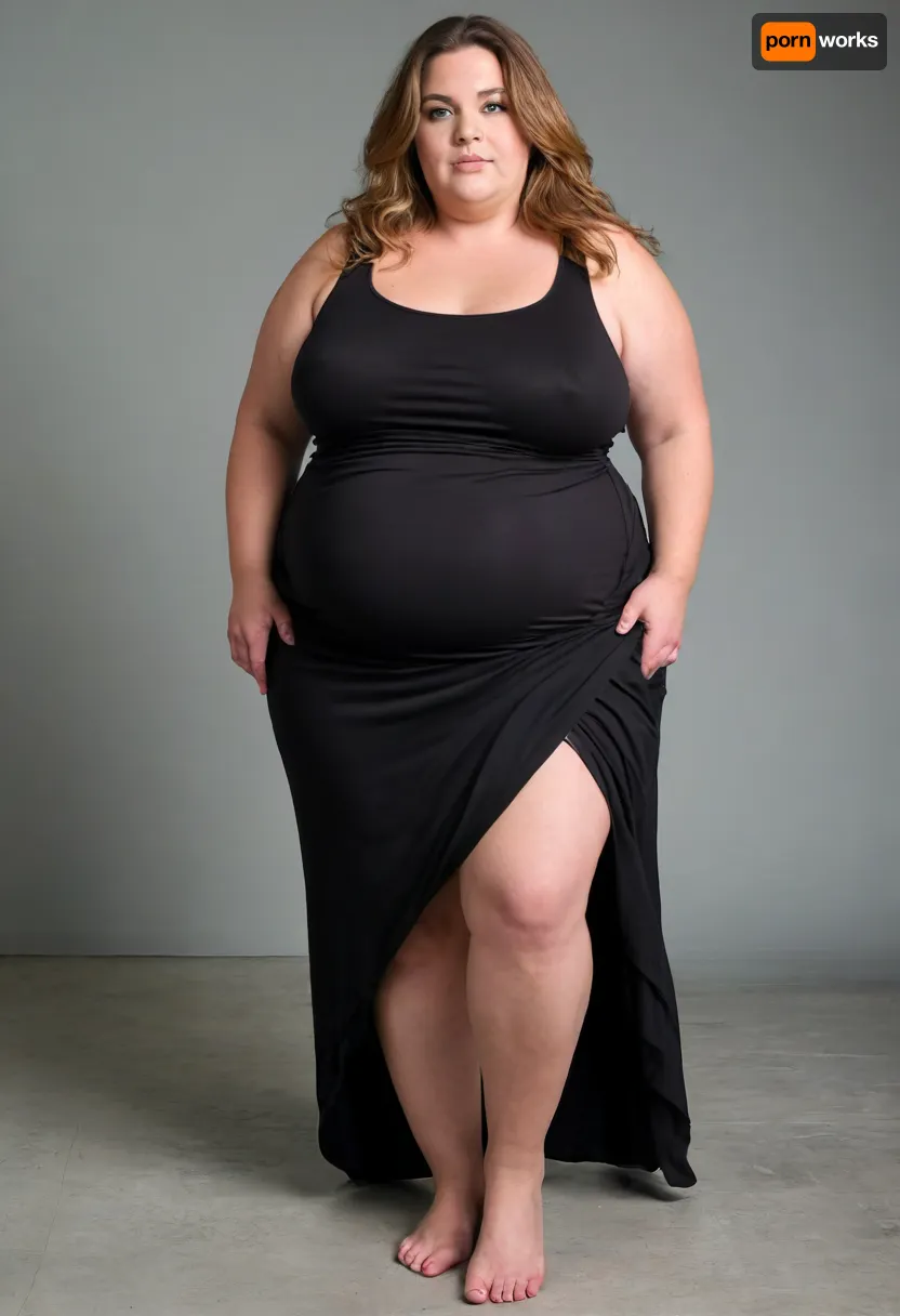 45° sideview, (obese:1.3), Full body shot, 50 year old woman, looking at viewer, eye contact, black thin maxidress, ssbbw, chubby, wide hips, curvy, large floppy breasts, sagging breasts, deflated breasts, tan lines, long hair, light brown hair with highlights, layered haircut, upturned nose, bottomheavy, big, ass, huge, gigantic, thick, thighs, massive, braless, Wearing, clothes, that, make, sense, with, Braless>, <lora:clothed_small:.2>, <lora:bottomheavy_v1_sdxl_tags:.8>, <lora:bralessSDXL_v1_00022:.5>