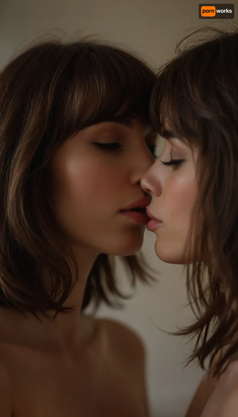 ziprealism, (erotic intimate esthetic, anticipation, longing:1.2), (sensual French lesbians, bashful pose, lips parted, faces close, moment before the kiss, intense passion, seductive foreplay, hot breath:1.4), (f/2.8, shallow depth of field, layered composition with subtle foreground:1.6), (tight face closeup, eyes closeup, shot in profile, eyes focus:1.2), (subtle bokeh:.4), (rich brunette hair with coppery undertones, thick voluminous hair, cute french bob-cut hair, wispy bangs with fringe, loose hair obscuring face:1.4), ((large expressive eyes), slightly downturned eyes), (soft facial features, full lips, soft pillowed lips, long delicate eyelashes, soft blush, flushed skin, subtle freckles, natural skin texture), (large teardrop breasts, soft breasts), (romantic bedroom:1.8), <lora:style_lora_realis:.8>