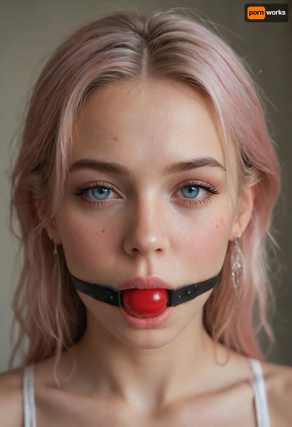 beautiful, petite girl, beautiful straight pink hair, slight freckles, bright pink lipstick, perfect makeup, blushed cheeks, wearing a ballgag, ballgag inside her mouth