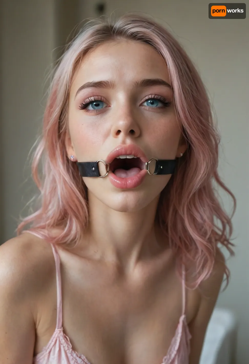 beautiful, petite girl, beautiful straight pink hair, slight freckles, bright pink lipstick, perfect makeup, blushed cheeks, ring gag, ring gag inside her mouth, mouth wide open