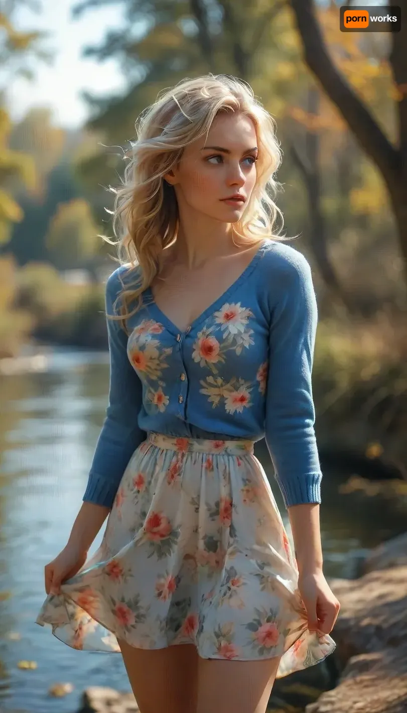 sunlight, woman, ((30 years old)), blonde, ((undressing)), near river, long flowered summer dress, (unbuttoned blue sweater), ((show bra)), show bottom, (back view), watching at us, (pantyhose), surprised, (windy skirt lift), (lift skirt), (windy upskirt), wind, storm, fingering, raw, <lora:MJ52:.8>, <lora:Realism_Lora_By_Stable_yogi_SDXL8.1:.8>, fluxenh4nce, <lora:FLUXEnh4nce:.8>, aw0k, illuminate, <lora:mjilluminate-000010:.8>