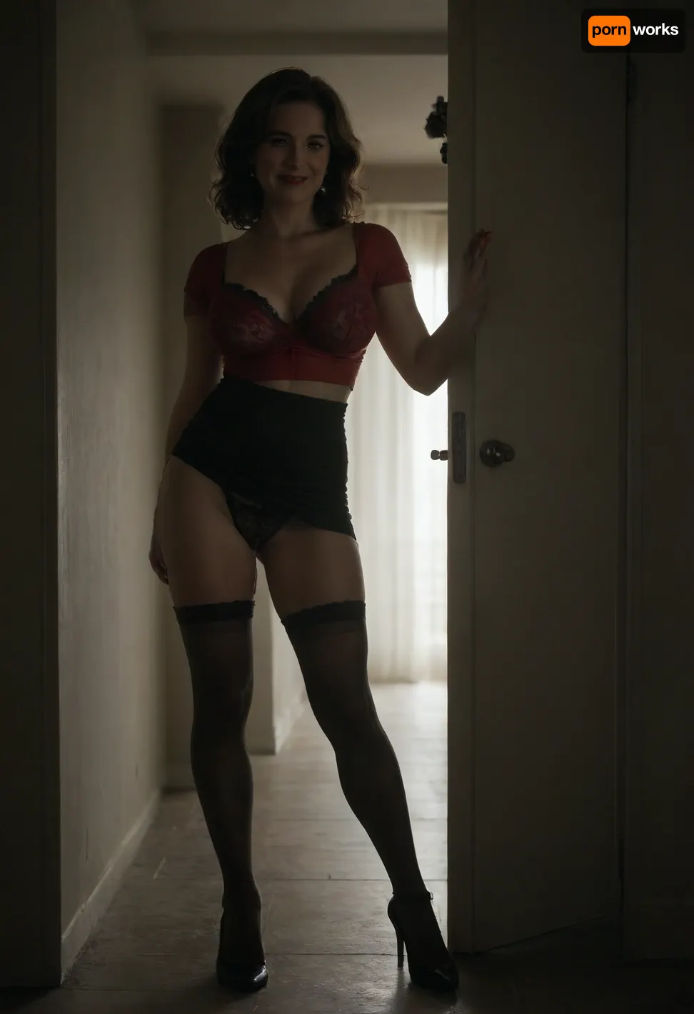 Softcore, cfnm, beautiful and busty Mature woman standing wide open legs in door, nice modern room, she is clothed, business suit, business top, her bra is seen-through under her pink t-shirt, bra is taken on, skirt is taken on, panties is taken on, skirtlift, long silk gown skirt, lift skirt to see her panties, Red Lipstick, red nails, strong glossy party makeup, very long burgundy straight hair, (Mature:1.9), shirt fallen off shoulders, black lace bra, (black lace stockings), high heels, (black lace panties:1.2), (cum dripping from pussy:1.3), (seductive smile:1.3), Orgasm face, Nice body, Shinny skin, Natural body, (very slim:.1), Perfect hands, perfect fingers, perfect anatomy, realistic mature skin, skin pores, freckles, moles, spots, wrinkles, pussy on focus, masterpiece, best quality, cinematic scene, (cinematic lighting), raytrace, sharp focus, best shadow, 8K, UHD, clear image, extremely sharp, extremely detailed, extremely intricate detail, high res, ultra-high-definition, highly detailed, ultra-sharp textures, finely detailed, perfect skin texture, hyperrealistic lighting, professional photography, full dynamic range, deep contrast, high clarity, realistic depth of field, HDR, perfect exposure, smooth gradients, natural reflections, ultra-fine details, realistic skin pores, individual hair strands, soft shadows, perfect face, High detailed photo, high quality photo, full body, ultra wide shot, contrast, sharp background, fine detailed background, HyperSmoke, dark, background, black, backlit, theme, great, movie, still, film, cinematic, shot, lighting, <lora:great_lighting:1.3>, <lora:AdvancedEnhancerXLv2:1.1>, <lora:DonMN1gh7rXL-000006:.8>, <lora:dark:.1>, cream, <lora:cream:.8>