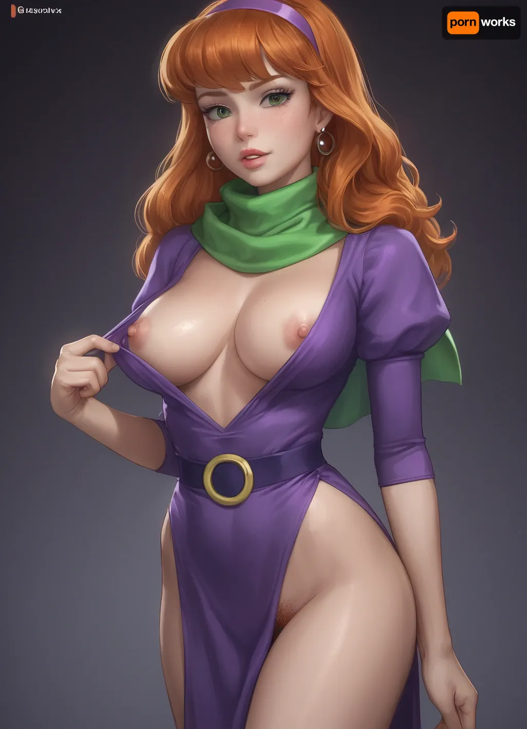 Adult Daphne Blake, Cartoon young woman, long red hair, large breasts, hairy pussy, purple dress, high leg slit, deep cleavage, areola peeking out, green scarf, pink headband, haunted mansion background, classic Scooby-Doo style.