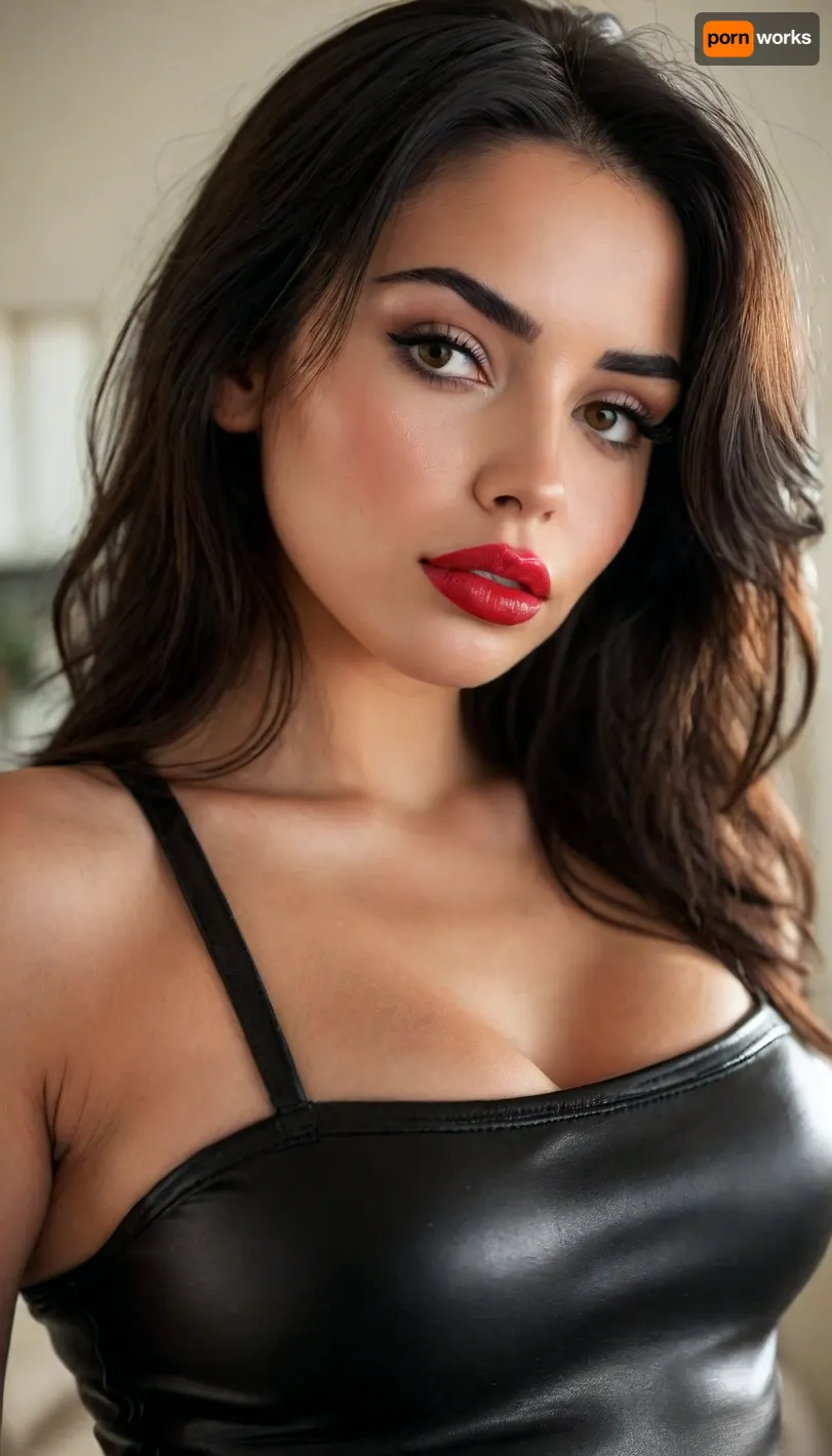 ziprealism, (30yo, intimate sensual esthetic, artistic study of feminine allure, offset composition), (seductive sensual expression, sensual eye contact, soft teasing smirk, confident pose:1.2), (f/2.8, shallow depth of field, subtle bokeh), (medium full shot, low angle view, view from side, focus on ass:1.8), (sleek glossy black hair, straightened long hair, hair obscuring face, dark full eyebrows:1.4), (athletic body, slim waist, wide hips, thicc thighs, tight black leather pants:1.4), (soft pillowed lips, moist lips, vibrant red lipstick:1.4), (natural skin texture, long thick eyelashes:1.2), (cozy bedroom), (large teardrop breasts, soft breasts, pale nipples:1.2), (strong defined jawline, large expressive eyes, catchlights)