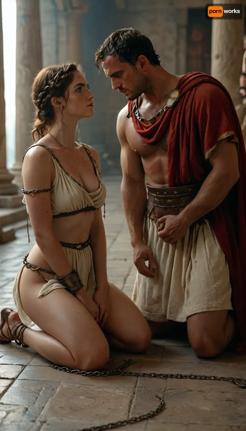 a man and woman, woman wearing Greek tunic, show nipple, prostrating before a Roman centurion, looking at him with tenderness and admiration, dominating her, she is chained, woman kneeling, raw, <lora:Realism_Lora_By_Stable_yogi_SDXL8.1:.8>, <lora:MJ52:.8>, <lora:580159_training_data:.8>, detailed, eyes, perfect, freckles, skin, texture, photorealistic, <lora:Super_Eye_Detailer_By_Stable_Yogi_SDPD0:.8>