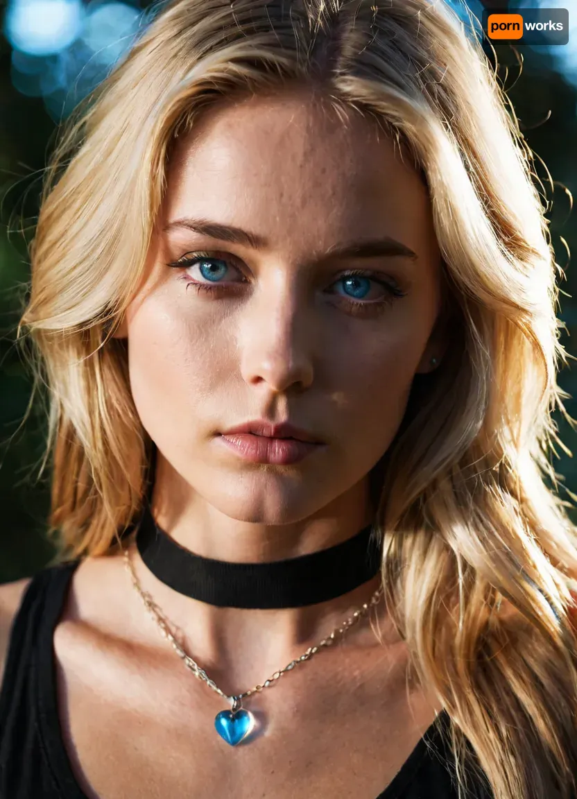 A woman with long blonde hair and striking blue eyes, adorned with a choker necklace featuring a heart pendant, wears a black tank top with a transparent chest panel. Her expression is one of contemplation, with a slight hint of sadness. The background is dark with a subtle bokeh effect, emphasizing the subject in the foreground. Soft, warm light from the upper left corner casts gentle shadows on her face, creating an intimate atmosphere. The scene is framed with a slight film grain, giving it a nostalgic, cinematic quality.