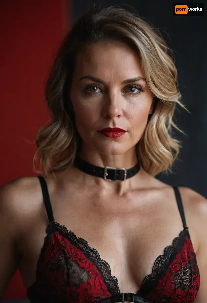 a 50 years old woman, A close-up portrait of a woman, captured in a candid moment. She is adorned in a red and black lace bralette, paired with a black choker featuring a silver buckle. Her attire is complemented by a black and red patterned underwear. The woman's pose is relaxed, with one arm resting on a gray surface, and her gaze is directed towards the camera. The background is blurred, emphasizing the subject, and the overall color palette is dominated by red, black, and silver., detailifier