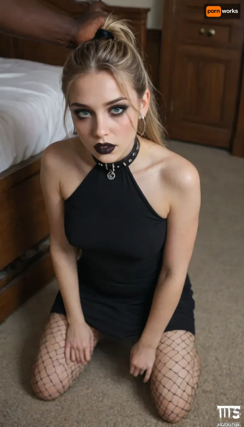 (Interracial), realism, from above, kneeling, forced, reveals, legs, feet, arched back, 25 yo short girl, impatient, perfect round medium breasts, dynamic pose, blonde, (glamorous goth makeup, black lipstick), indoors, black casual street-style conservative dress, fishnet_tights, covers, submissive petite short, sexwife, hotwife, sharing, ntr, nts, sexy arousing outfit, exhibitionism, striptease, flirts, thick thigh, hair pull, masturbates, black cock, collar, leashed, breast support, wife surprised with BBC