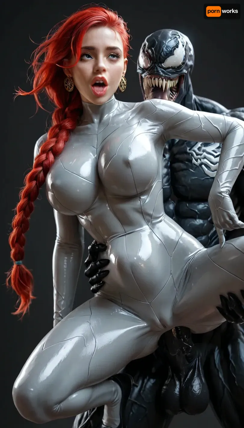 German woman, a very very very long thick braid, red hair, full lips, thick lips, huge chest circumference, dark olive skin, tight micro super hero outfit metallic high-necked long-sleeved high-rise bodysuit, black background, gets held in the air by Venom, full clothing, anal, huge black veiny Venom cock, cock all the way in her ass, belly bulge, ahegao, full body view