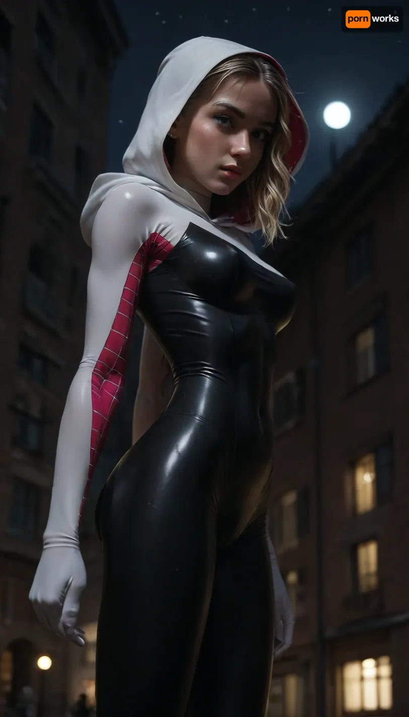 night, clear weather, (((18 years old))), (((young))), (spider girl Gwen Stacy), Braided side Side Cornrows Hair, (tight outfit), (athletic body:1.5), hood on head, hip gap, (narrow waist:1.3), (blonde with pink strands), (view from side and below:1.4), climbs to the roof of a high-rise building, (makeup), New York day, ((pussy cameltoe:.9)), (wet clothes), (oiled skin:1.5), (wet tight bodysuit:1.8), hand, 1girl, (athletic ass), medium natural breast, (high detailed face:1.5), dim lights, (hard nipples:.8), (chiaroscuro lighting:.3), <lora:HandFineTuning_XL:1>, <lora:MGLRbodysuit_sdxl:.6>, <lora:uberfit_lora_sdxl:.4>, <lora:dark:.3>