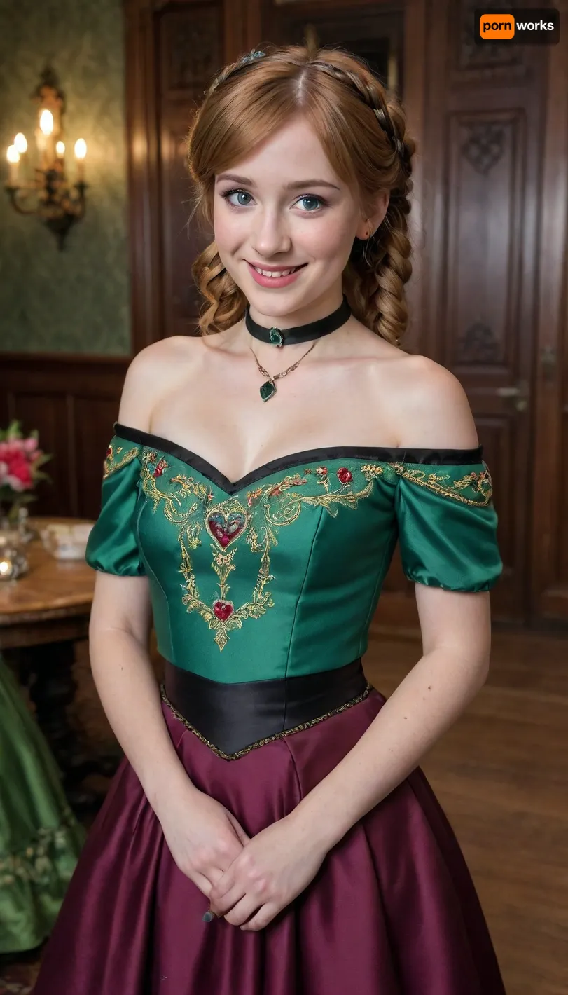 1 woman, 35 years old, (Anna of Arendelle), (Frozen), (Disney), white skin, smiling face, adorable, blue eyes, reddish strawberry blond hair, (two braided pigtails), (long hair), bangs, freckles, skinny, small waist, (small breasts), ((coronation dress with a black sweetheart bodice, dark green off-the-shoulder straps, rosemaling, and embroidery)), floor length olive drab pleated skirt, thick black satin choker, castle ballroom, decorations, party, standing, <lora:ahxl_v1:.8>
