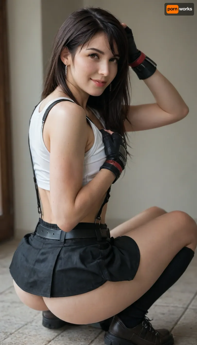 Beautiful Tifa Lock hart cosplay costume, white sleeveless top, a black leather-like skirt with suspenders, fingerless gloves, thigh-high socks, and armor-like pieces for the arms and legs, a green Materia bangle and a belt, back view, turning her head backwards towards the viewer, looking at the viewer, huge natural bust, indoor background, lustful smile, her one hand groping her back, one hand over her head, squatting down.