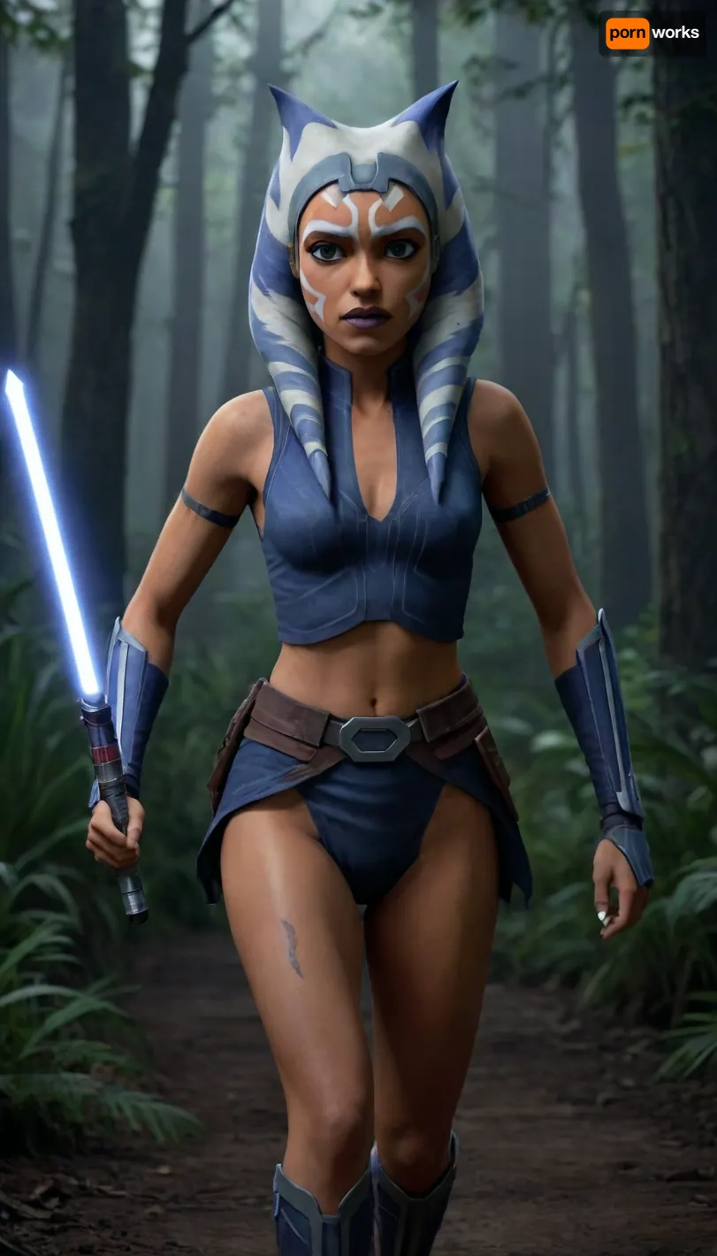 Ahsoka tano, in jedi dress, running to tank from clone wars, nighttime, in dark jungle, Jedi dress, visible breasts, visible pussy, lightsaber in hands, from, star, wars, the, clone, <lora:asohka_v1.0:.8>