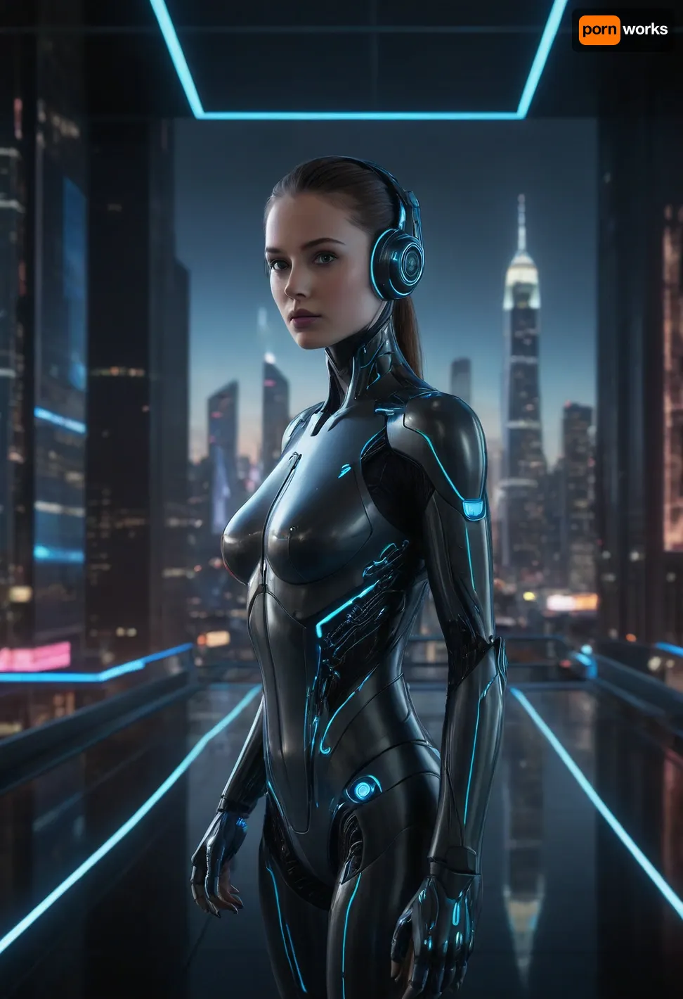 A futuristic artificial intelligence control center, glowing with blue and neon lights, filled with floating holographic interfaces, intelligent robots interacting with data streams, and a humanoid AI figure with translucent skin showing circuits and neural networks. Background features a high-tech city skyline with flying cars and digital billboards displaying AI-generated content. The atmosphere is sleek, clean, and high-tech, with a sense of innovation and limitless possibility. Ultra-realistic style, 8K resolution, cinematic lighting, science fiction art style."