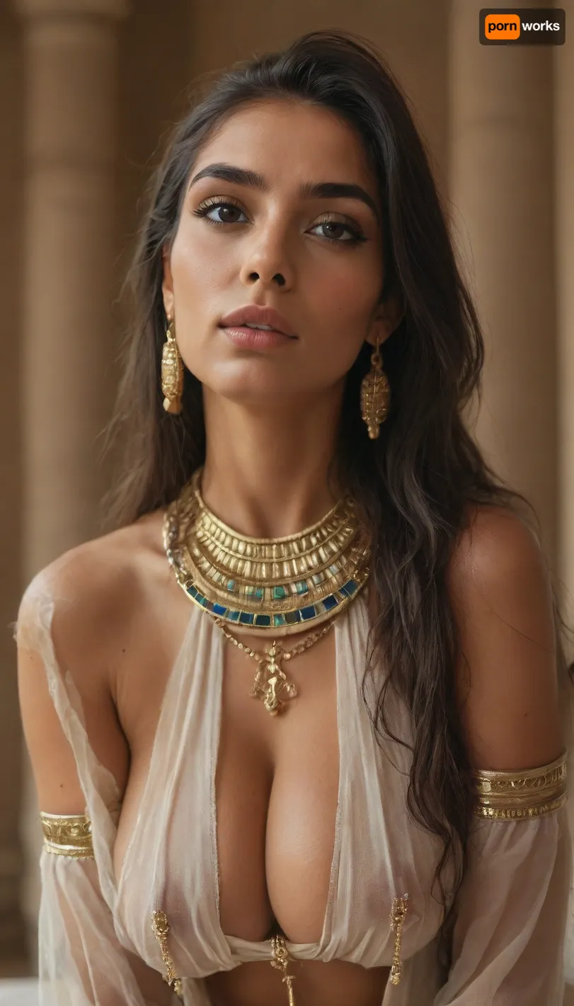 portrait mode, ((busty body)), 27 years old gorgeous female, modern woman, (Indian:1.4), (((eye contact))), (slutty pharaoh outfit), (b cup tits), wet body, (hanging gold nipple jewelry), but, (long hair:1.3), (white skin:.7), Natalie, <lora:EnvyFantasyXL01:.5>, <lora:EnvyStarlightPrettyEyes01:.5>, <lora:BUT_SDXL_SHS:.7>, <lora:add-detail-xl:.6>