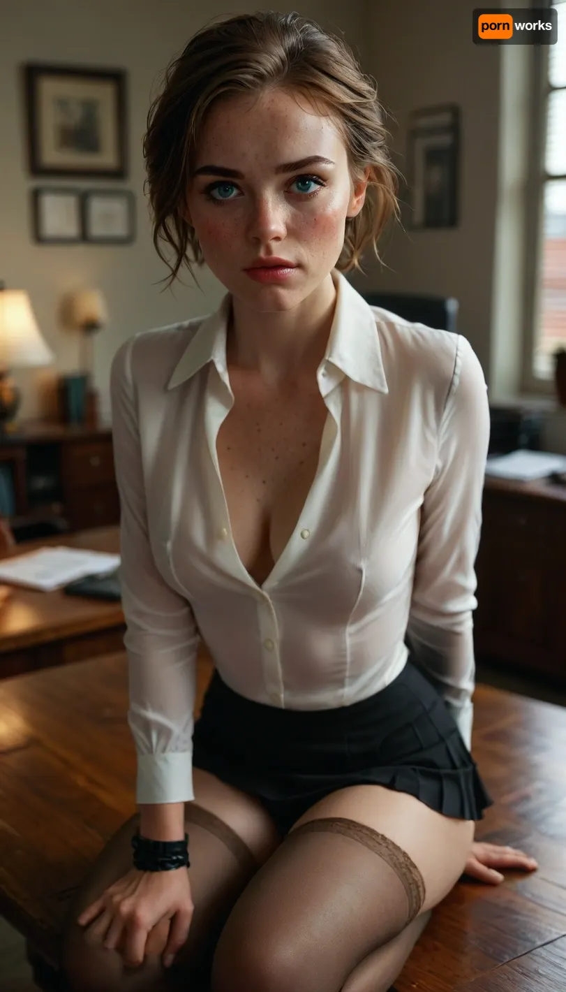 photorealistic, (masterpiece, best quality), beautiful 25 year old secretary, make-up, blue eyes, foundation, lipstick, in office, kneeling on table, short hair, show bra, hairy pussy, unbuttoned white shirt, (down panties), (brown stockings), (black boots), black skirt, lifting skirt, Cumming, fingering, cum on face, raw, <lora:MJ52:2>, <lora:255596_training_data:.8>, <lora:580159_training_data:.8>, detailed, eyes, perfect, freckles, skin, texture, <lora:Super_Eye_Detailer_By_Stable_Yogi_SDPD0:.8>