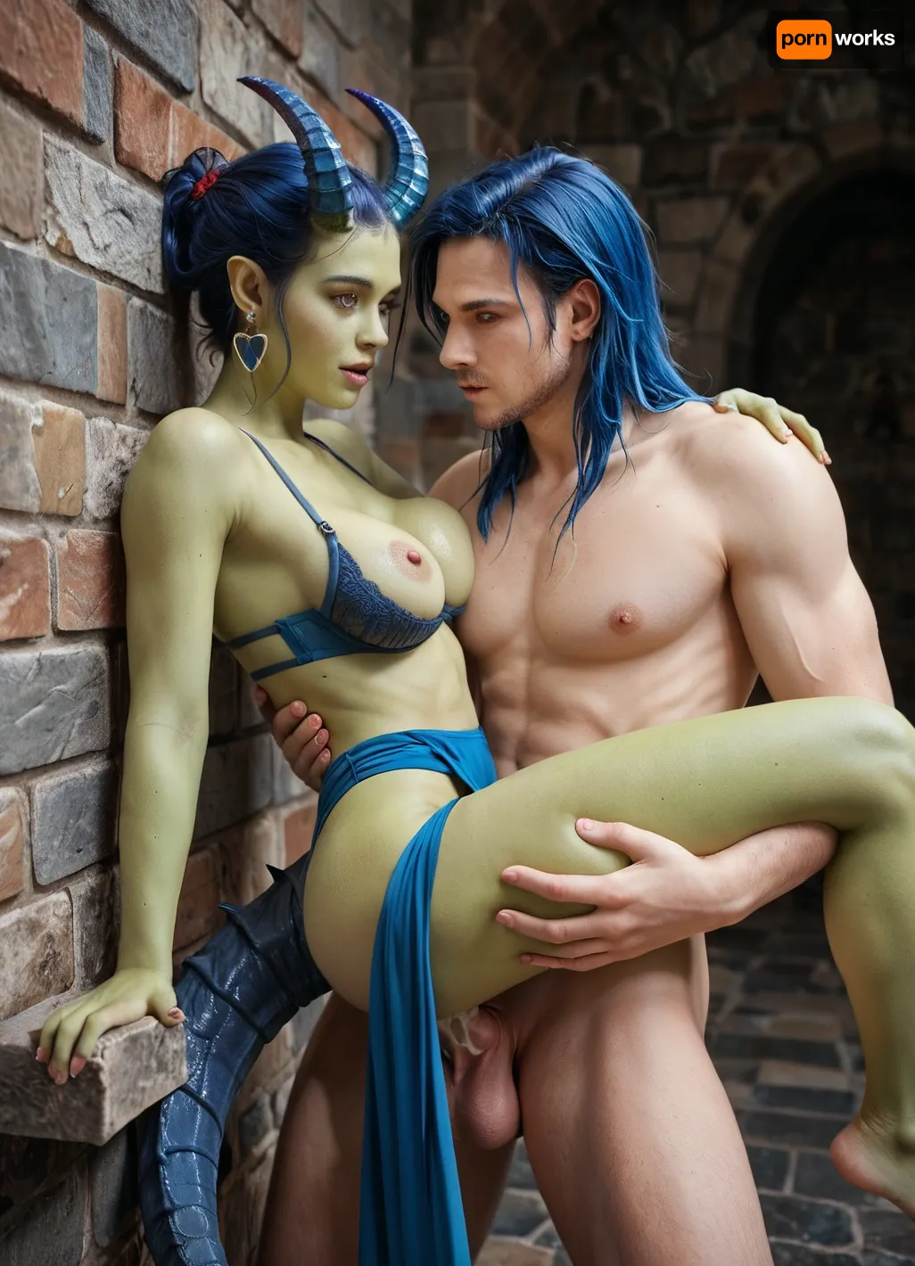 1female demon, 1male devel, female demon has deep green skin tone, long thick tail, blue hair and eyes, realistic eyes, deep blue horns, medium breast, medium built, metal shelf bra, exposed breast, pelvic curtain
Male devil has red skin tone, large deep red horns, large demon, large cock, black eyes. Female being fucked by male on a stone ledge., femalebonedemon, suspended, congress, vaginal, anal, ass, focus, grab, standing, hug, leg, lock, breast, press, straddling, arms, around, neck, lifting, penet, <lora:JewelzBlu_V1.1_XL:.8>, <lora:412719_training_data:.8>, <lora:EnvyInfernalXL01:.8>, <lora:BD1.1-000009:.8>, <lora:lastpenet:1.4>