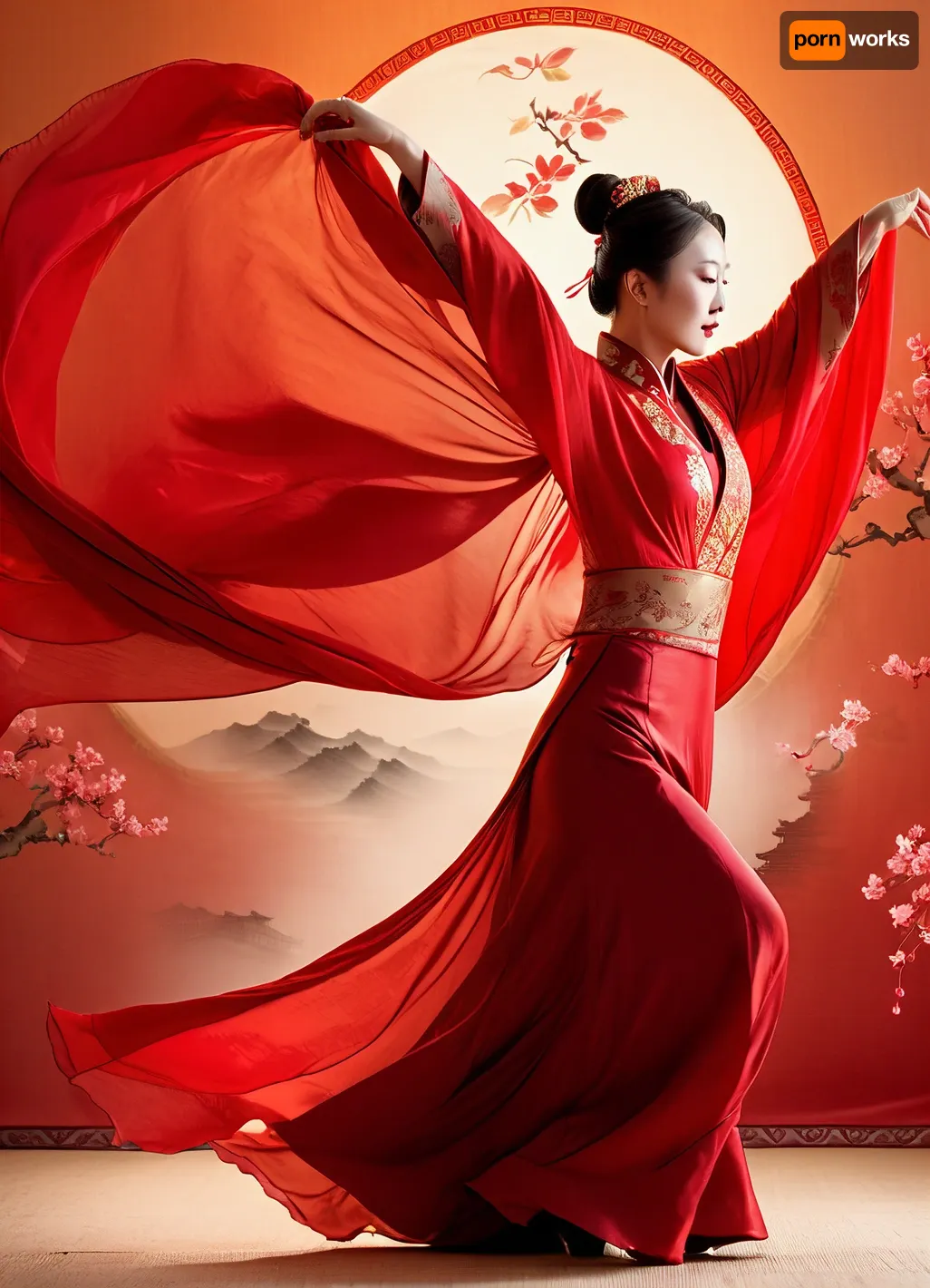 A mature chinese woman in traditional Chinese costume, in a dancing pose, fluttering red fabric enveloping her, (hands hidden by the fabric of flowing sleeves:1.7), with delicate makeup, red headbands and buns in her hair, against a backdrop of traditional Chinese architecture, a lantern festival, lots of glowing Chinese lanterns on the street and in the air. Artistic style, digital art inspired by traditional Chinese painting and modern fantasy. Lighting, Soft diffused evening light with a slight glow from red elements. Composition, (Waist-level shot:1.6), Close-Up, dynamic angle emphasizing movement. Additional details, Elegant details, atmosphere, bright colors, photorealism., Chinese, traditional, architecture, chinese, sino, ancient