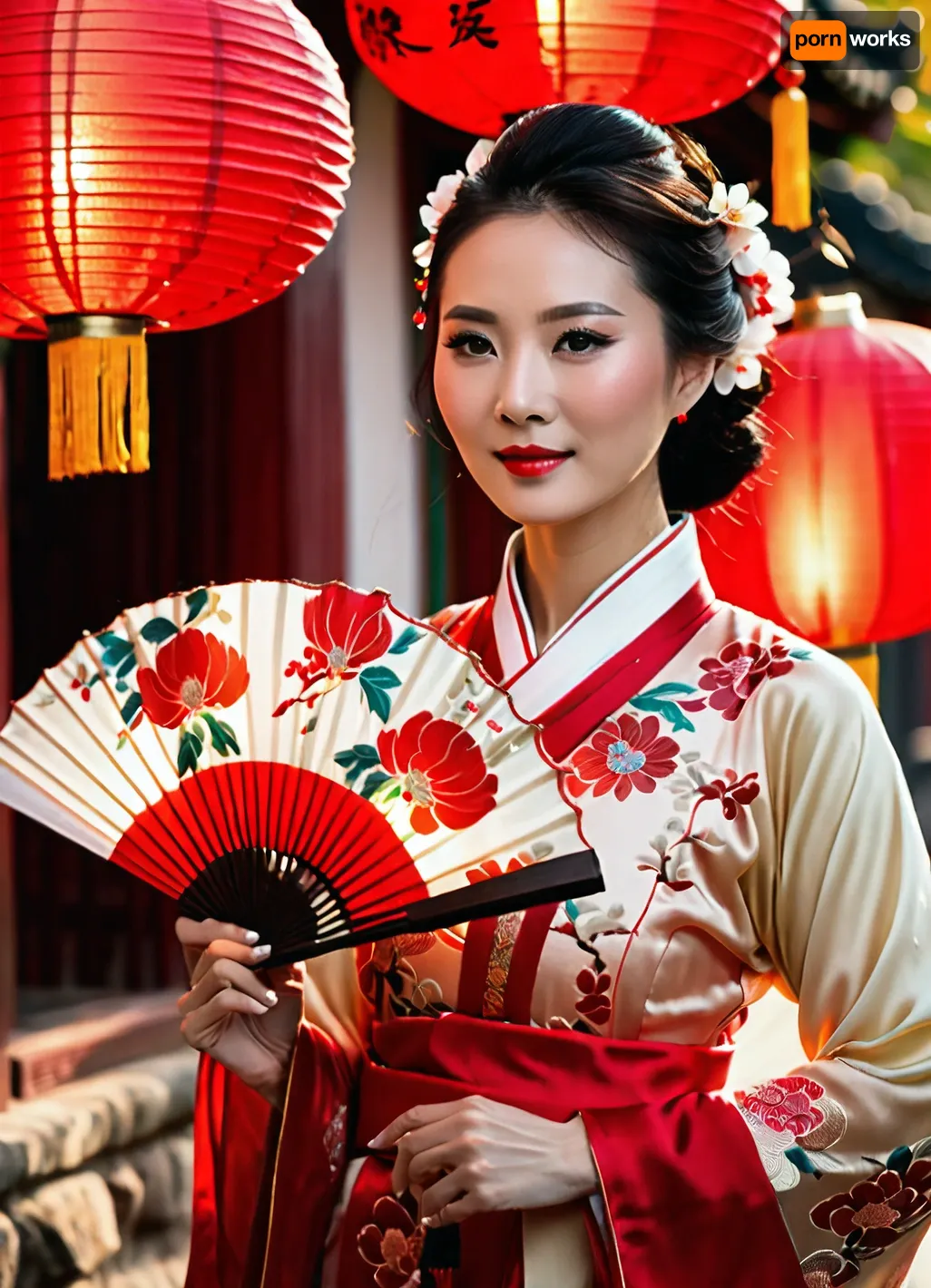 (masterpiece), (best quality), (high resolution), (realistic), (photorealistic), one beautiful, (beautiful Mature Chinese woman:1.5), in authentic, (red and white, (traditional hanfu:1.4), with, (floral pattern:1.2), (elegant pose:1.2), (smiling:.8), (pensive look:.9), (ancient Chinese street background:1.2), (red flowers in her hair:1.1), (holding a fan:1.4), (fluttering fabric:1.2), (charming details on her clothes:1.1), (Chinese architecture in the background:1), (dancing with a fan:1.6), dansing, (dynamic movement:1.5), Chinese lantern festival, (multitude of Chinese lanterns in the air:1.5), deep sharpness, (cinematic lighting:1.1), side lighting, soft shadows, (natural light:1.1), (depth of field:1.1), (detailed facial features:1.1), (refined facial features:1.1), (beautiful skin:1.1), (realistic eyes:1.1), (refined eye details:1.1)), Chinese, traditional, architecture, chinese, sino, ancient, <lora:Sino Traditional Architecture:.8>