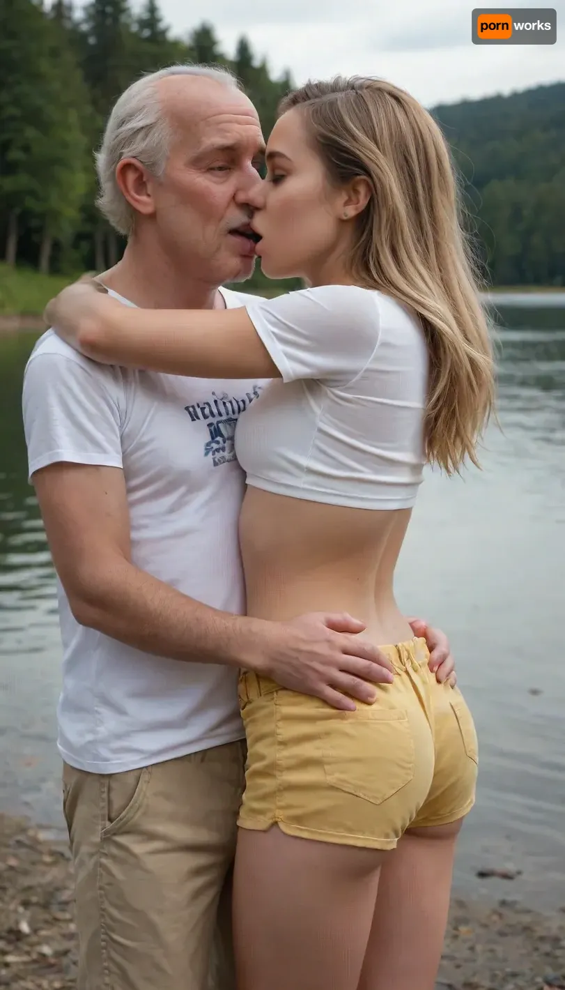 ((Standing behind her is an 70-year-old man friend, wearing t-shirt and tan shorts:1.6)), ((old man friend is hugging young woman from behind:1.2)), ((the old man is grabbing her breasts:1.3)), ((the old man friend is kissing her on the lips}}, A girl with round small firm breasts in a tight sexy white crop shirt, photo of a young woman with, ((long blonde hair)), and brown eyes, big eyes, small breasts in a, ((white crop top and yellow short shorts:1.6)), a small butt, Ava, her face contorted with pleasure as an old man puts a, (hand outside her yellow short shorts), rubbing her crotch, lake, ((her moaning under the squeeze on her breasts:1.4))))