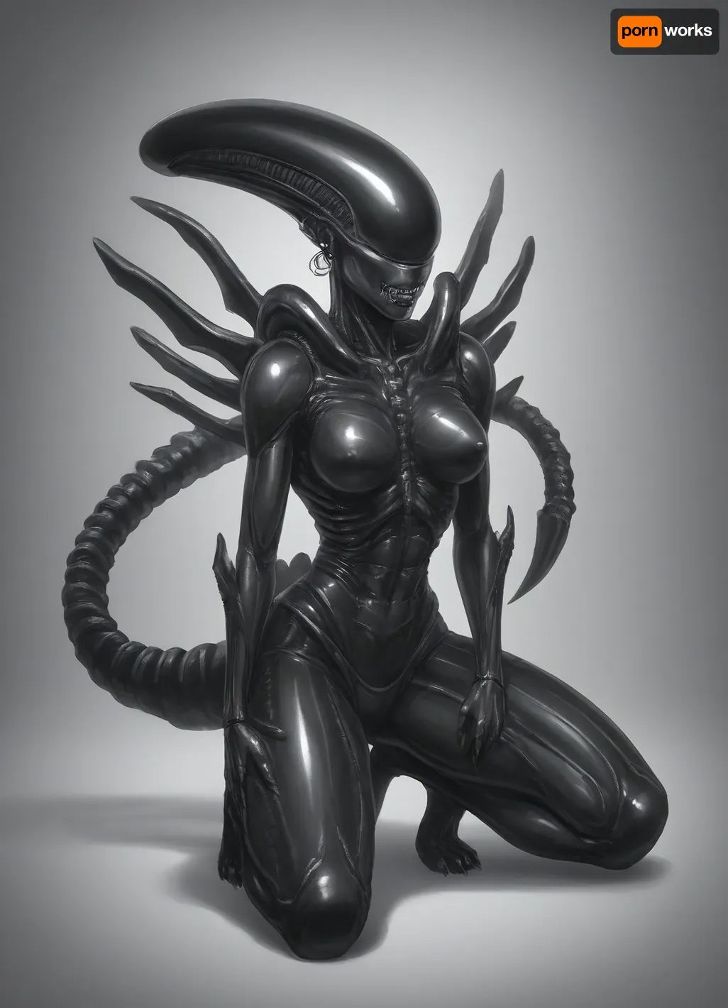 solo, (((female xenomorph black body, xenomorph black legs, xenomorph black feet, xenomorph black head, xenomorph black face, xenomorph black claws, xenomorph black fangs))), wearing tight fitting red bodysuit solo, (((female xenomorph black body, xenomorph black legs, xenomorph black feet, xenomorph black head, xenomorph black face, xenomorph black claws, xenomorph black fangs))), wearing tight fitting red bodysuit
