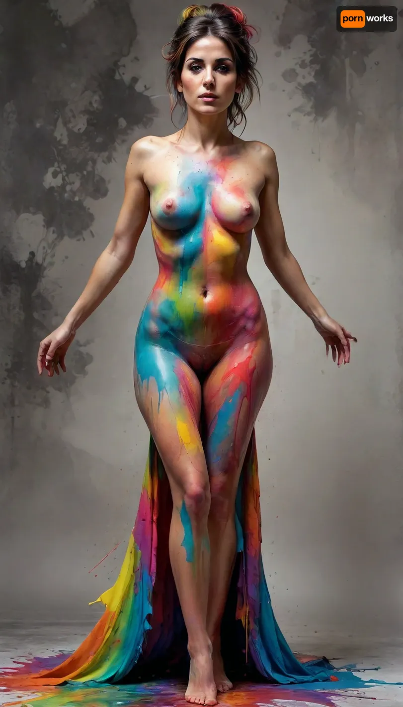 Italian mafia style, 40-year-old woman, tall and lithe, italian fear, dread, despair, bare feet, full length, full body, slim body, perfect chest, completely nude, body covered in colors paint, paint spread out flowing like a dress, complicated and messy hairstyle, Katrina, Color splash, fluorescent, inks colors, HDR, <lora:SDXLPaintSplash:.3>
