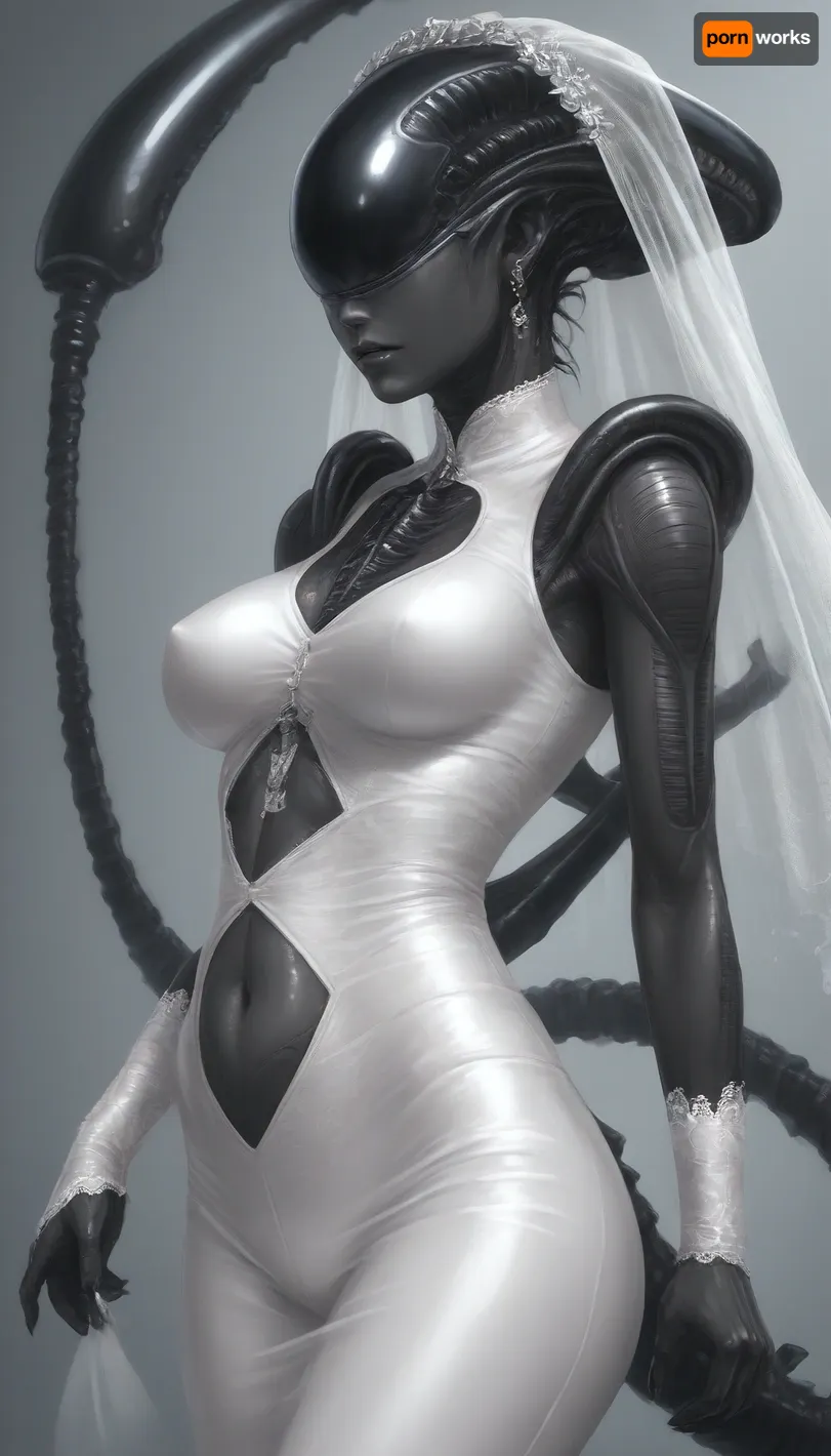 solo female xenomorph, ((female xenomorph black body)), wearing tight_fitting lace wedding dress and wedding veil, (stomach_cutout)