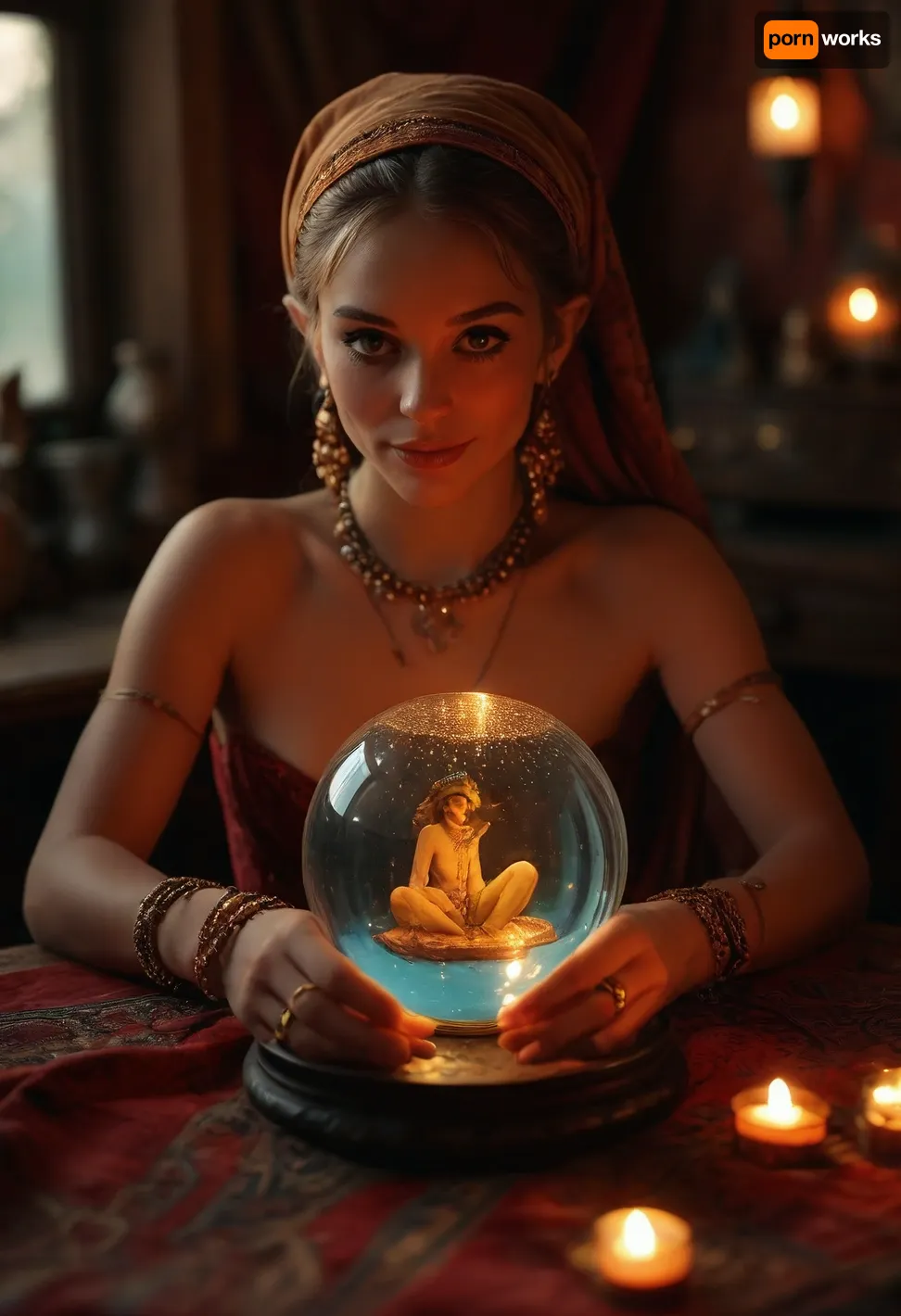 16th century, a sexy gypsy solo fortune teller sits at a small table with a velvet tablecloth at a glowing glass fortune-telling ball, (INSIDE ball appears an IMAGE of a beautiful detailed penis:1.6), surrounded by her extremely messy gypsy showman's wagon, perfect face, ultra horny smile, points to the fortune-telling ball, wears gypsy-typical clothing, (wide dress, many bracelets, golden earrings, headscarf summer afternoon, warm ambient light, Professional photo, hyper-realistic, ultra-high quality, insanely detailed. high resolution, masterpiece, best quality, UHD 8K, extreme realism, maximum detail, hyper realistic, ultra realistic, photorealistic faces, highly detailed faces, sunlight_str1, vibrant, dream, pale, reality, elven, architecture), <lora:MJ52:.8>