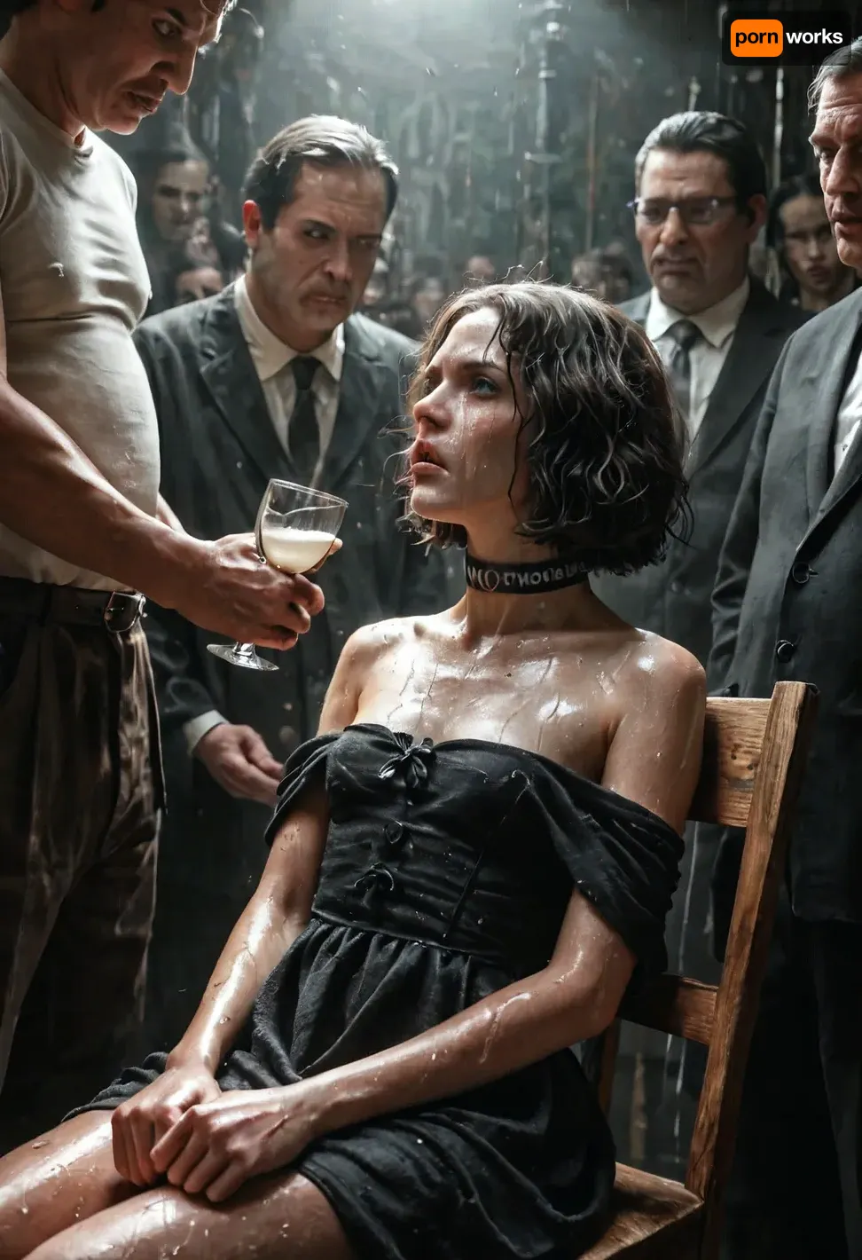 Multiple screens, Petite body pealed skin, small waist, rough, choker, short hair, super realistic, bondage, chair, casual textured robe, maximum details, natural lighting, tied hands, sweaty, freaky, rough man, ultra horror, brutal, maximum horror. Honorable, glass walls, maiting press