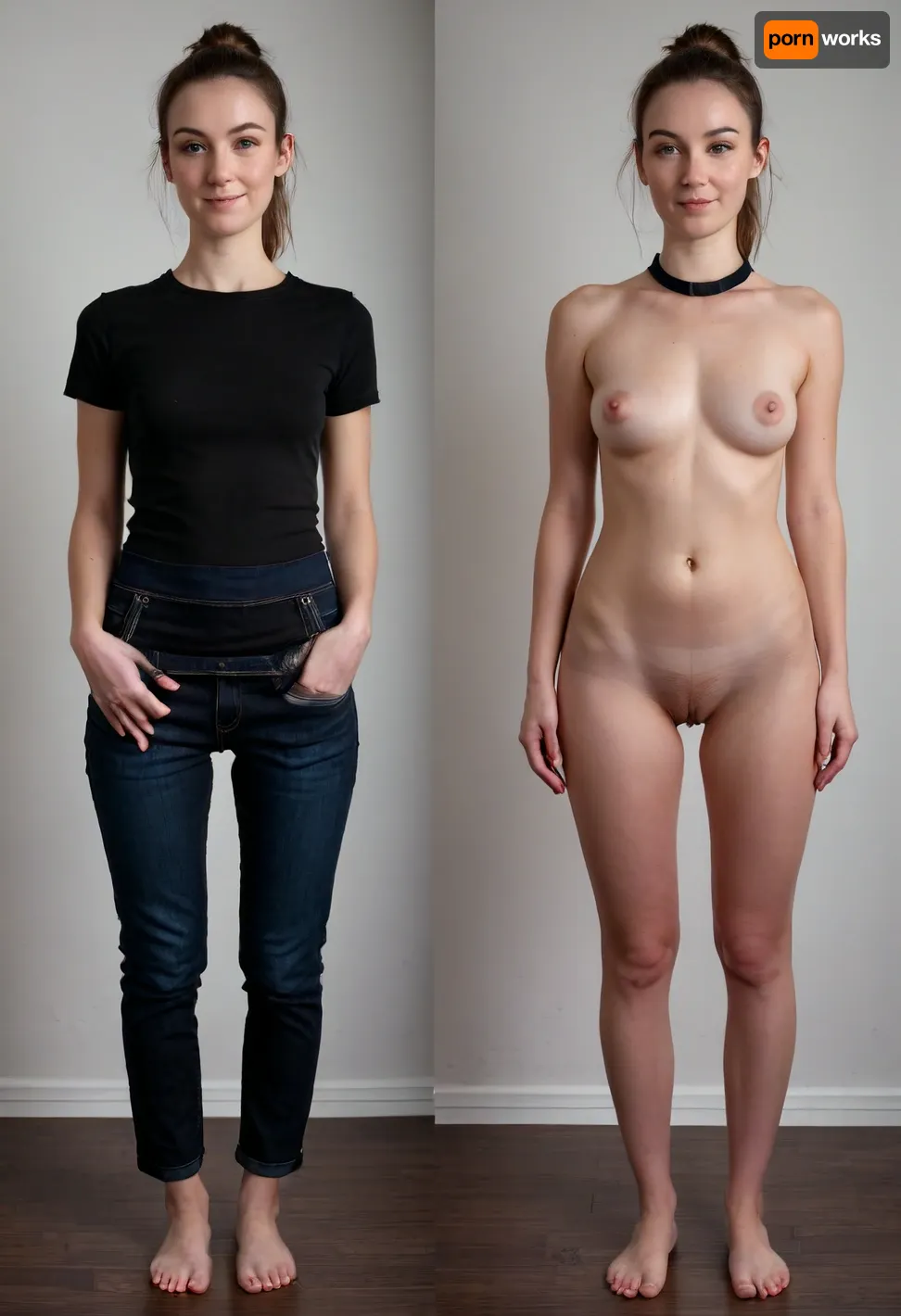 Before and after, an attractive 28-year-old barista, slender, big firm breasts, pale skin, cute, (narrow triangular face), (very high forehead), straight light brown hair pulled back in a simple ponytail, (narrow nose), ((small hoop nose ring:1.1)), thin eyebrows, no makeup, (smirk), firm ass, shaved pussy, (in a black shirt with a collar+blue jean pants+long apron before:1.4), (completely naked after), zoom out, view from thighs up, naked, <lora:OnoffXL_ExtraCrispy:.5>, <lora:style_lora_realis:.8>