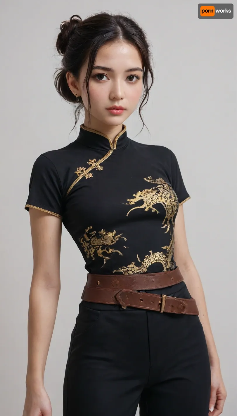 masterpiece, best quality, amazing quality, absurdres, fong ling, 1girl, brown belt, white background, black hair, chinese clothes, black pants, single hair bun, white shirt, looking at viewer, brown eyes, midriff peek, short hair, dragon print, parted bangs, simple background, hair behind ear, short sleeves, closed mouth, china dress